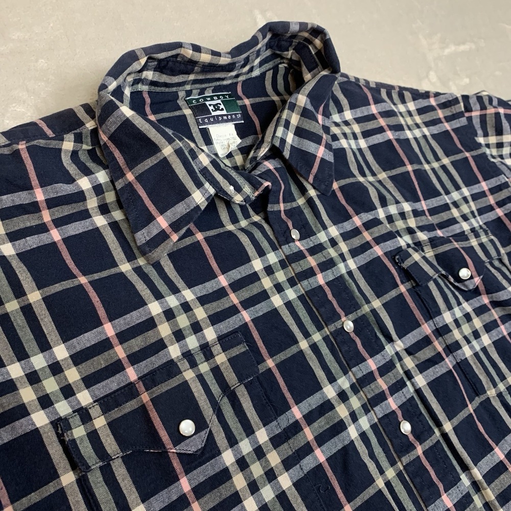 Cowboy Equipment Shirt Mens XL  Plaid X-Long Tail Pearl Snap Short Sleeve Cowboy